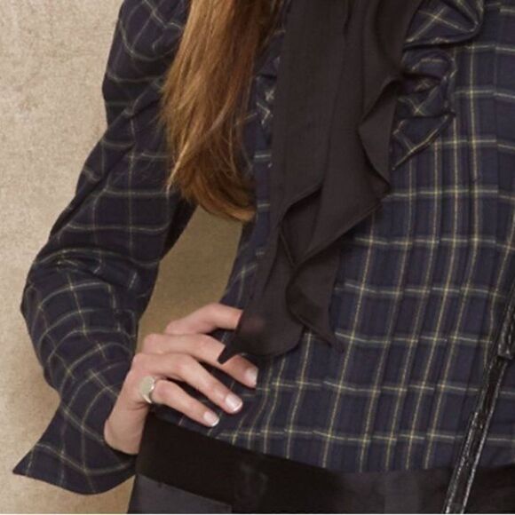Ralph Lauren Navy Blue Multi Brushed Cotton Check Plaid Ruffle Pleat Blouse - Picture 15 of 16